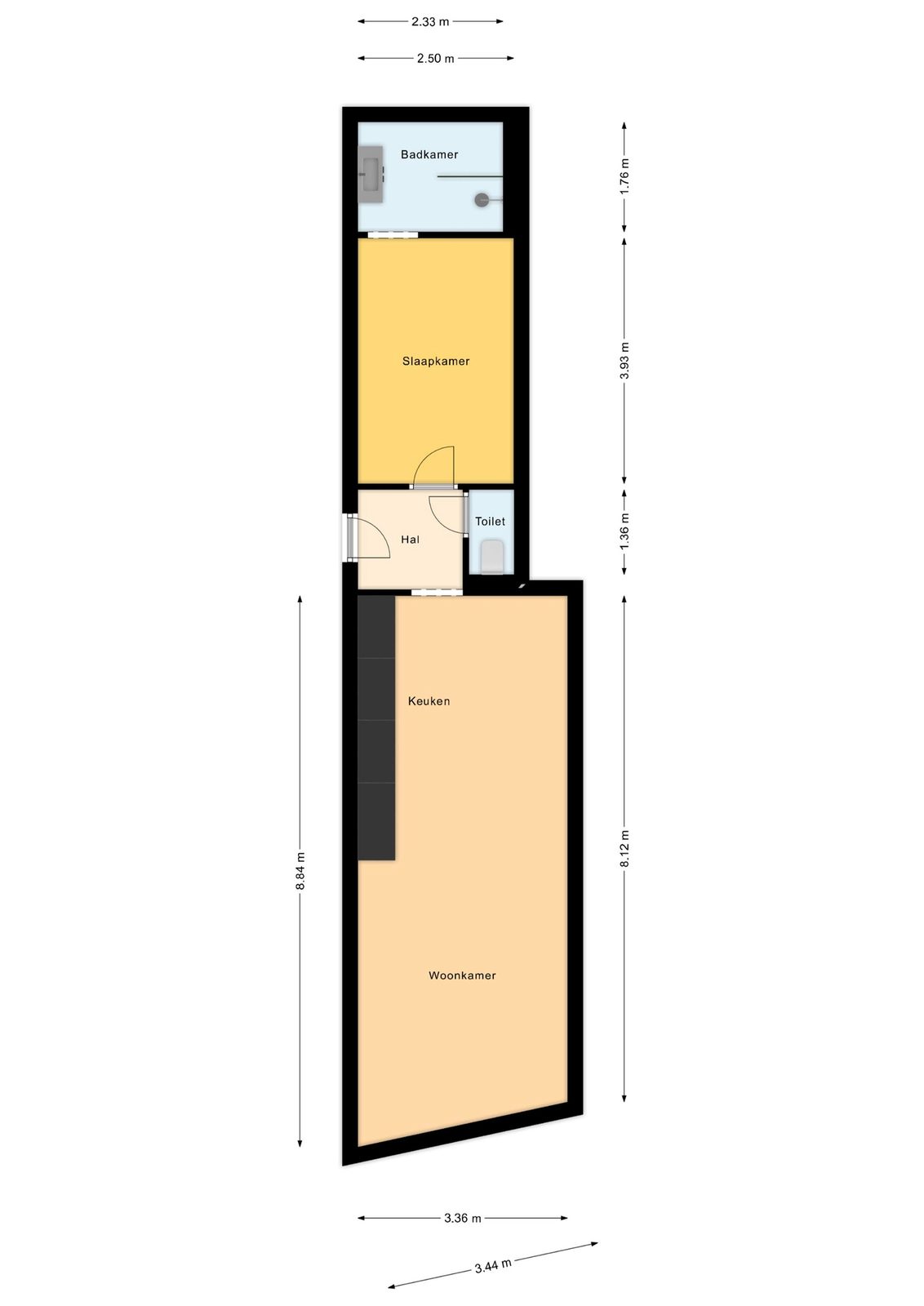 Plattegrond van het appartement aan de Kloosterstraat 183 in Antwerpen: inkomhal, leefruimte met open keuken, slaapkamer en en-suite badkamer
