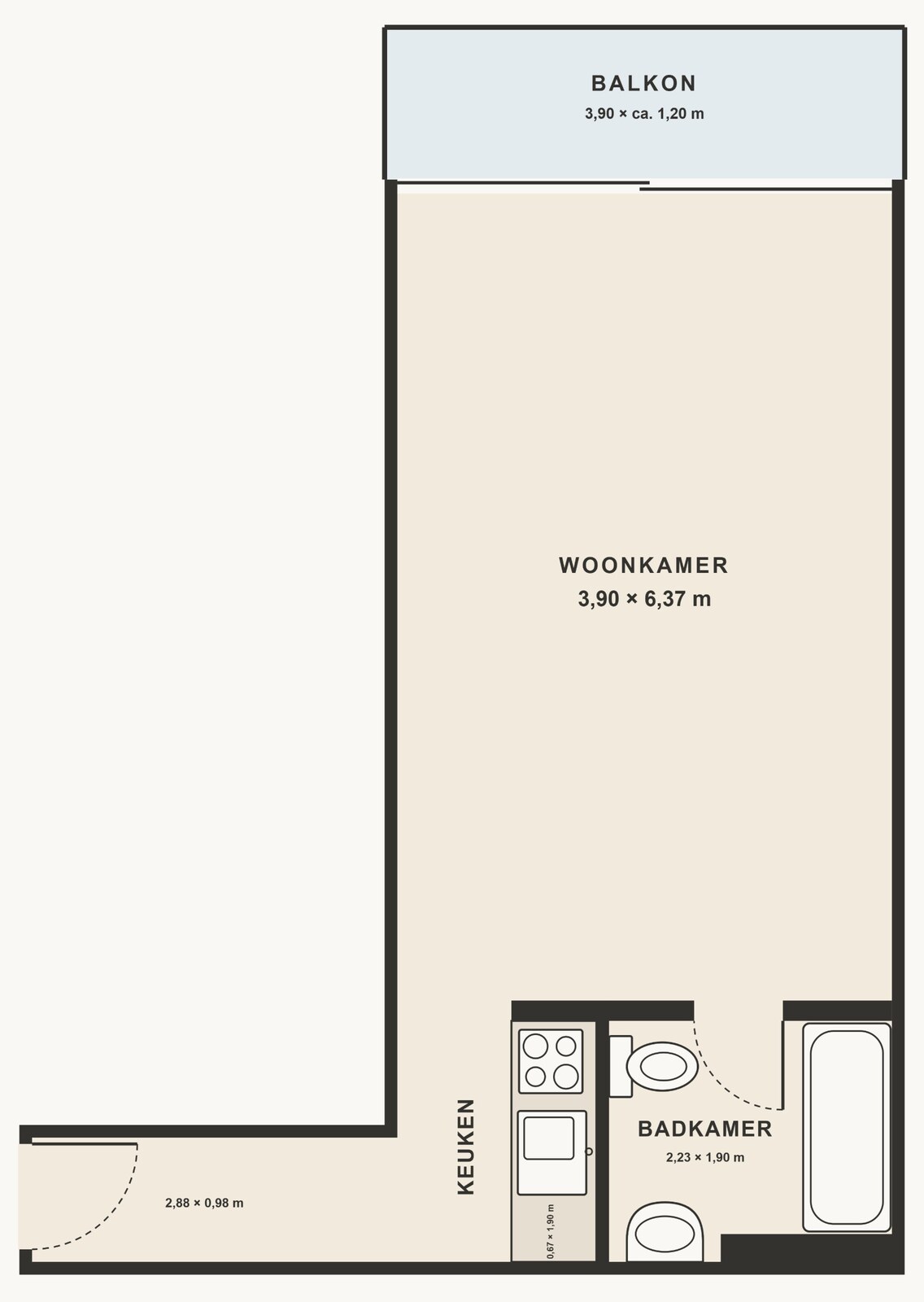 Plattegrond van de studio aan de Plantin en Moretuslei 8 in Antwerpen: leefruimte met balkon, keuken en badkamer